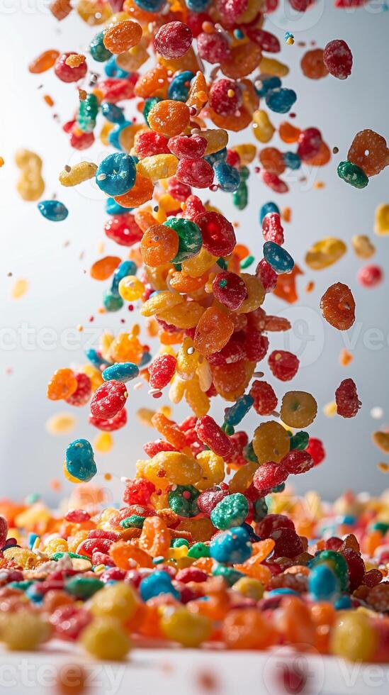 Exploding fruity pebbles cereal with individual pieces floating in white space, depth of field, isolated white background, photography photo