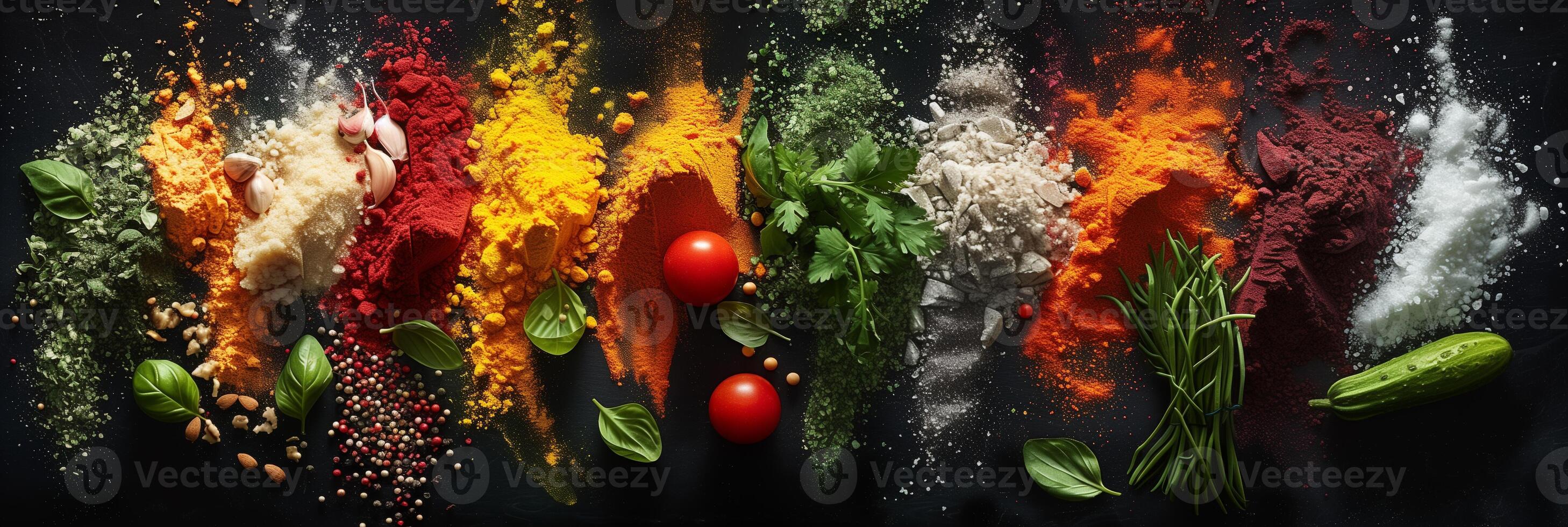 Explosion of various vegetable powders on pure black background, photography photo