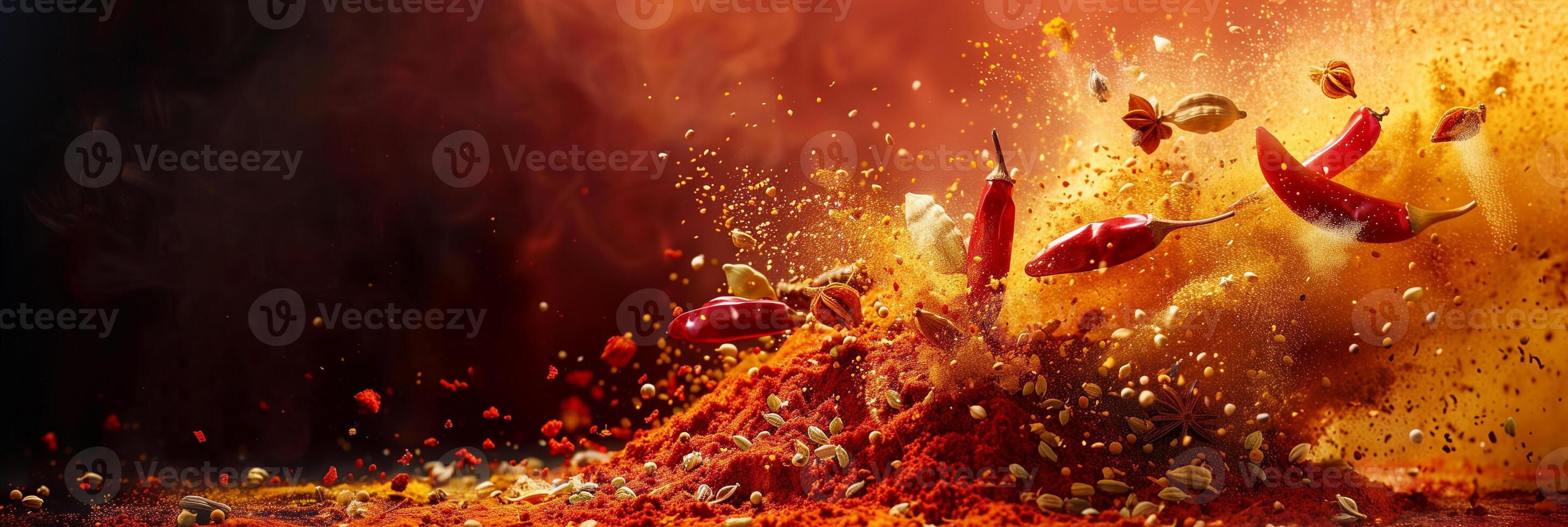 Exploding spices mid-air against a reddish background, photo