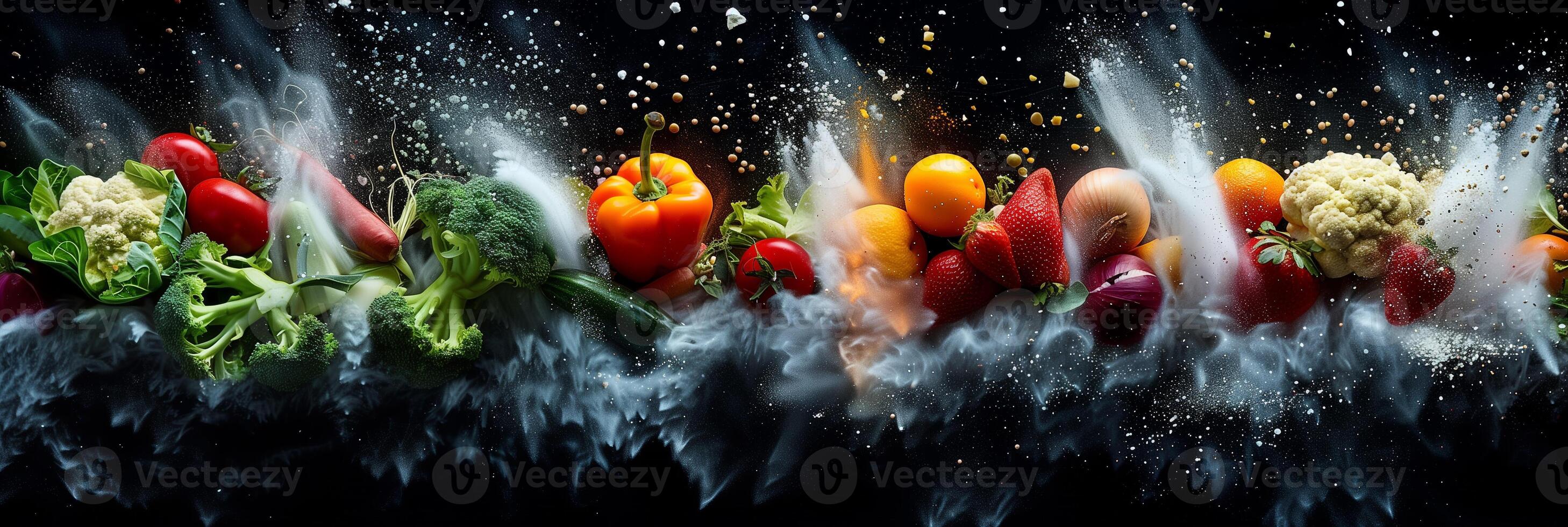 Explosion of various vegetable powders on pure black background, photorealistic photo