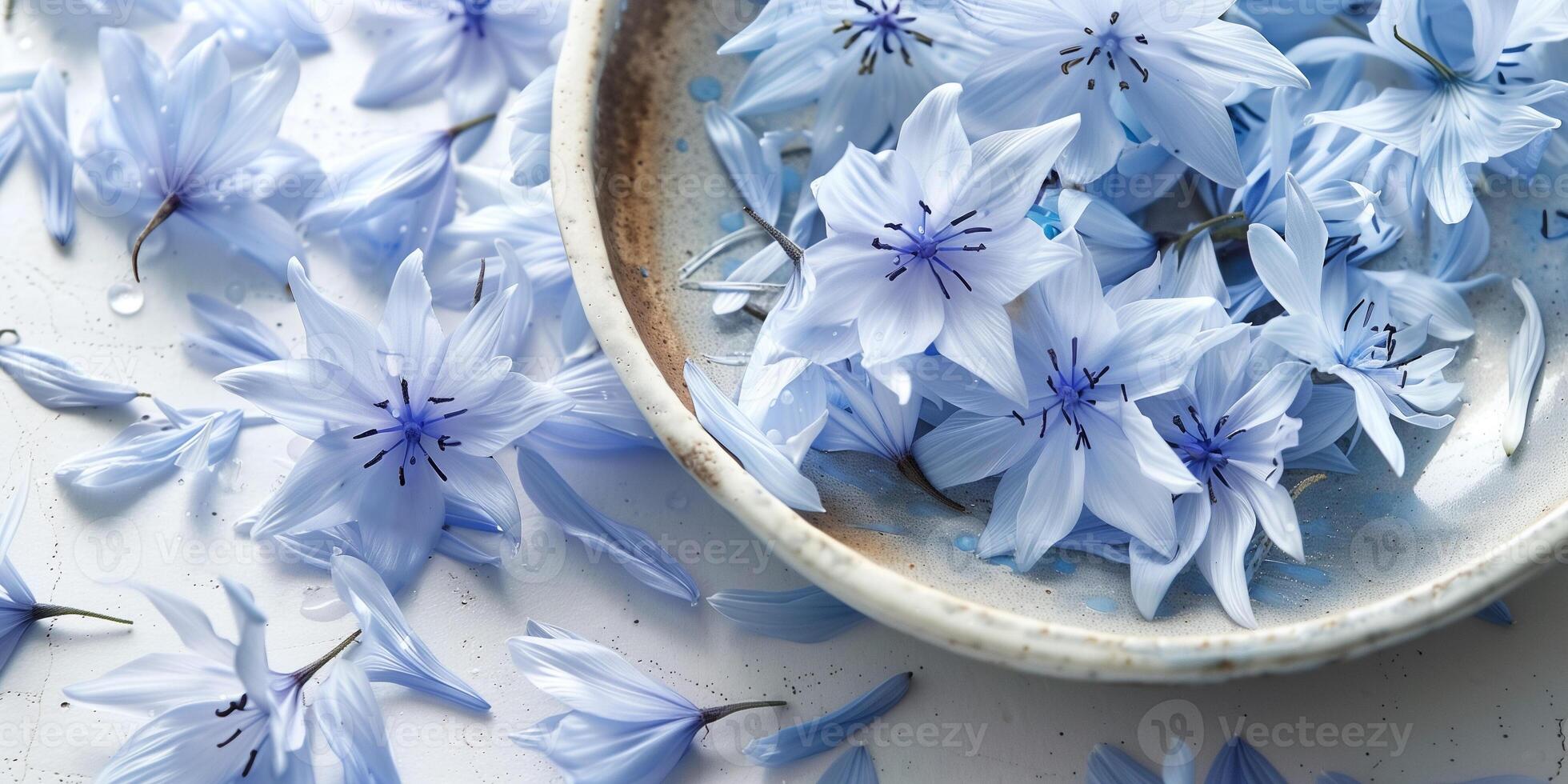 Pale blue cornflower petals on a glossy ceramic dish, picture photo
