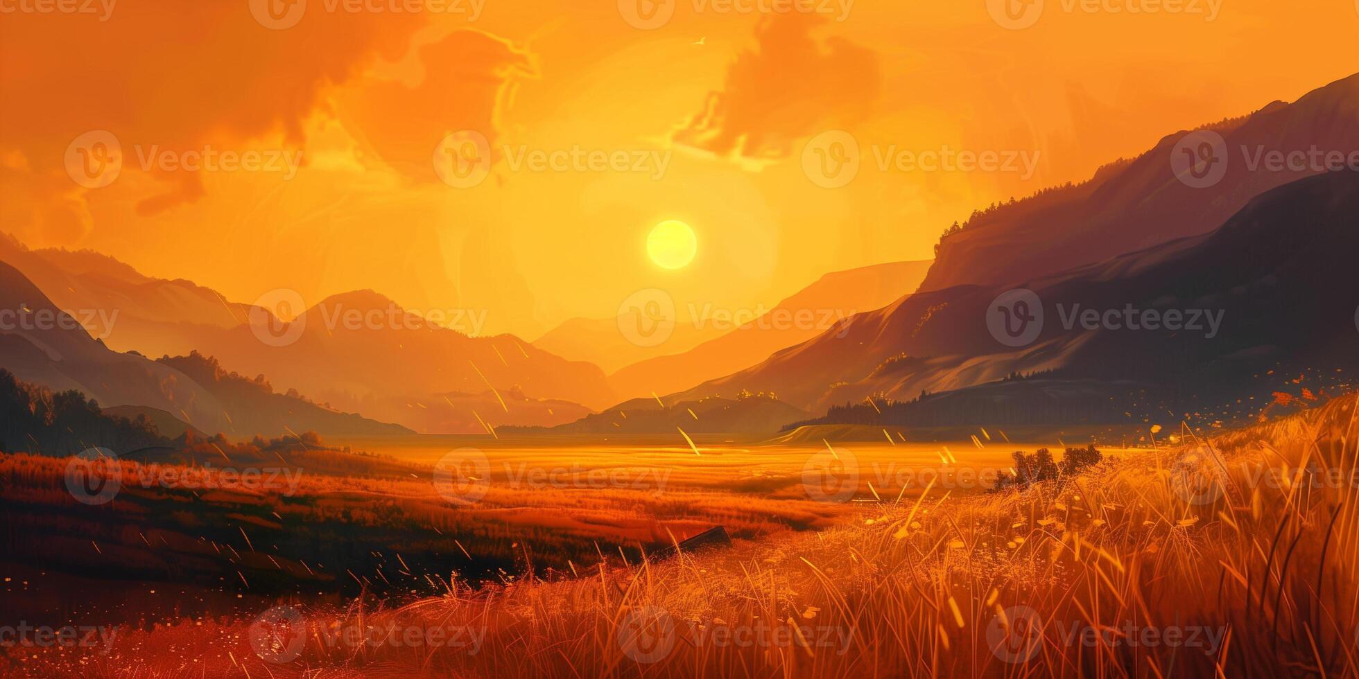 Fiery orange sun setting behind mountains, casting long shadows, photorealistic photo