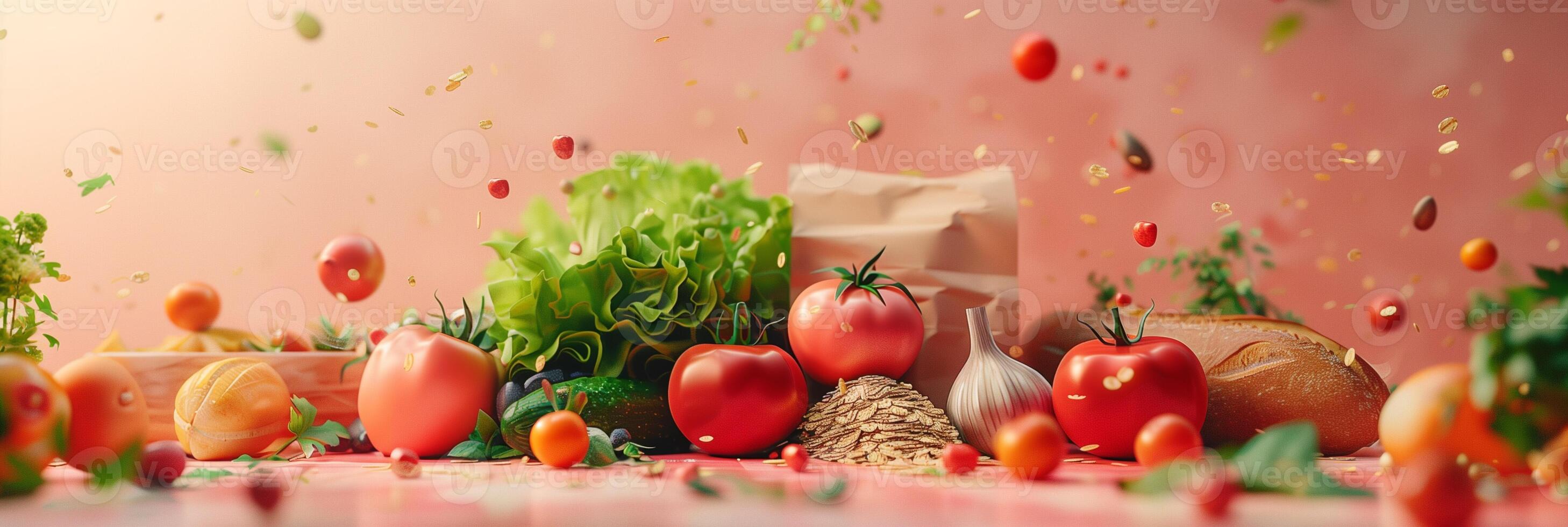 Floating pack of groceries against a light pink background in a clay 3D model style, photorealistic photo