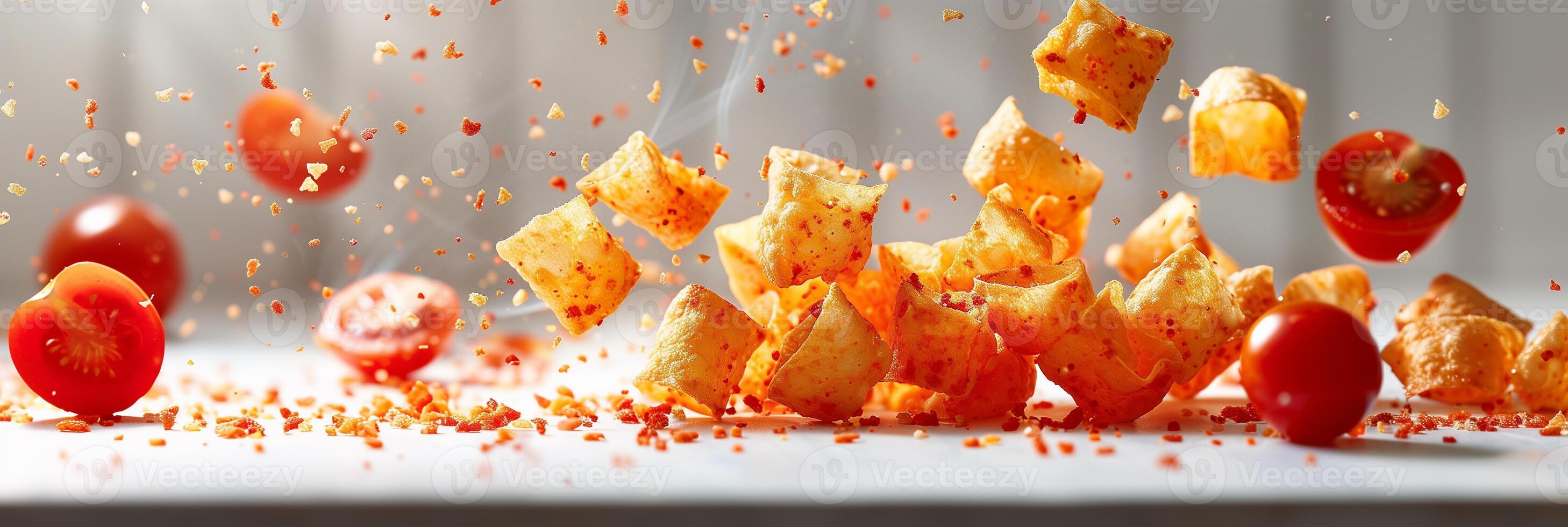 Delicious square potato chips exploding with sliced tomatoes flying nearby on a white background with studio lighting, photorealistic photo