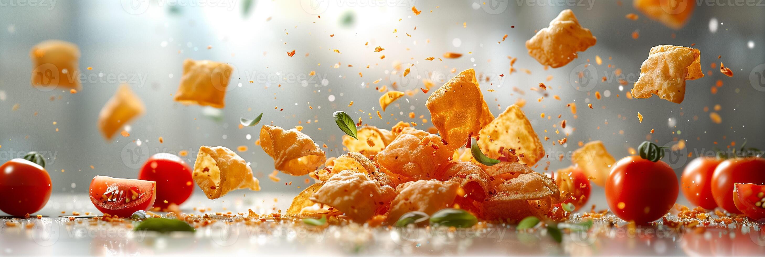 Delicious square potato chips exploding with sliced tomatoes flying nearby on a white background with studio lighting, photography photo