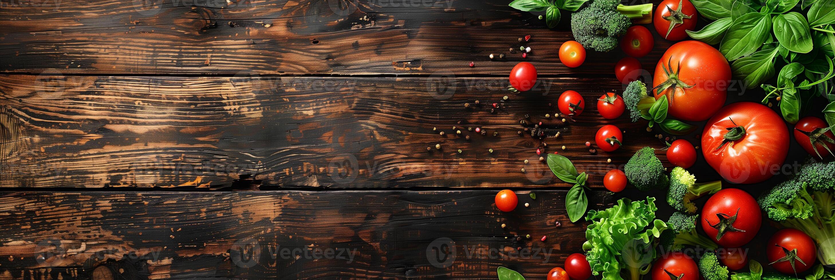 Fresh organic raw vegetables on a wooden table, top view, with copy space, photorealistic photo