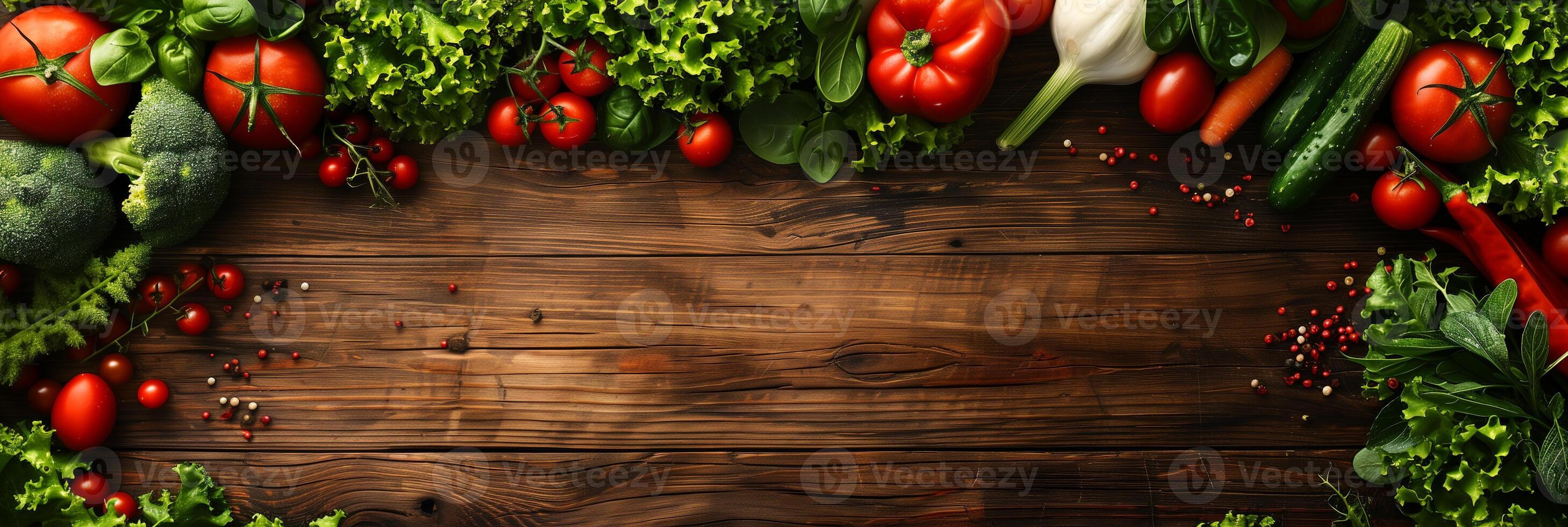 Fresh organic raw vegetables on a wooden table, top view, with copy space, photography photo