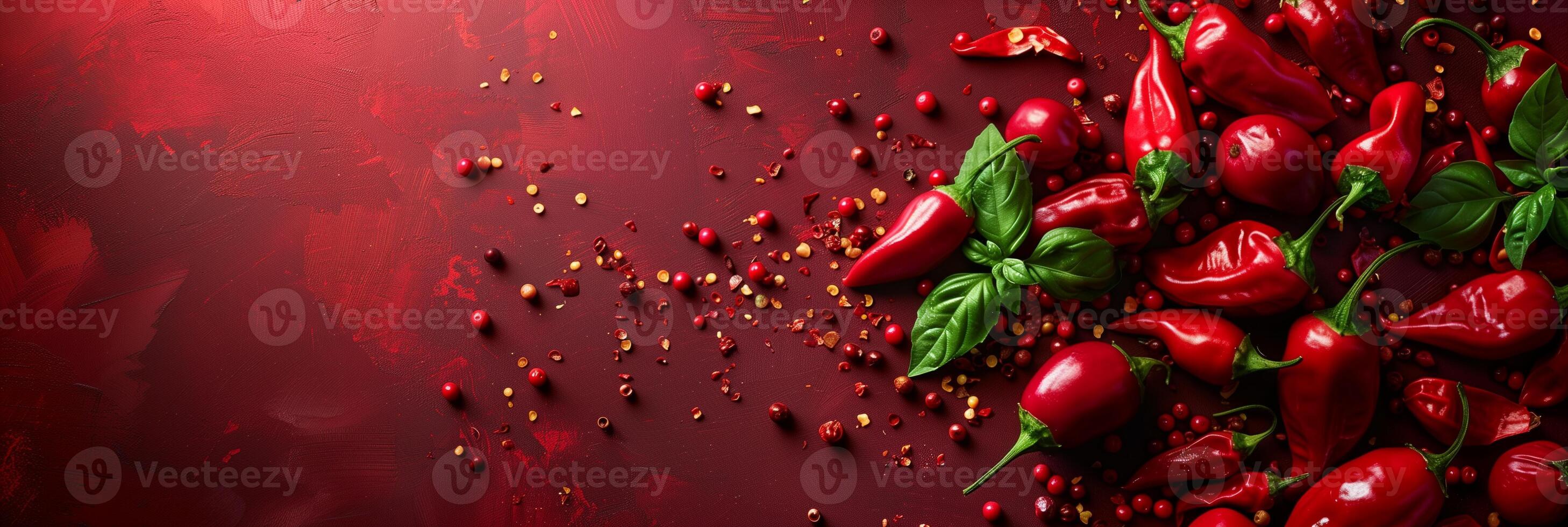 Fresh realistic template of Carolina Reaper pepper and sparse sauce on dark red background, picture photo