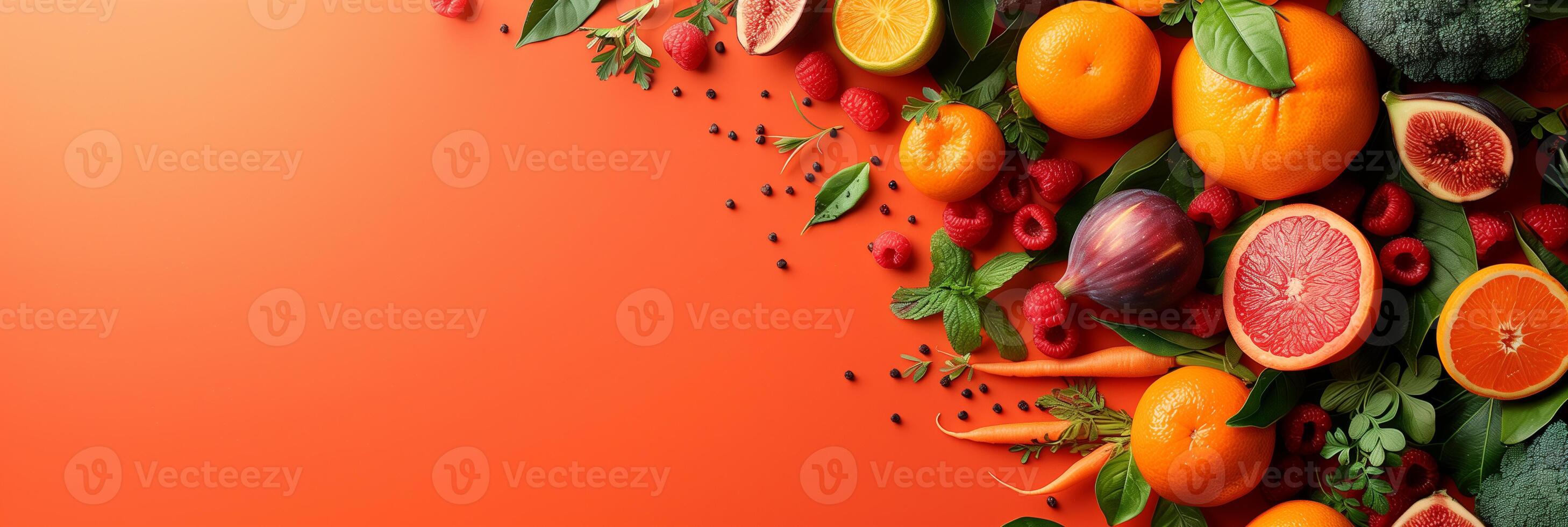 Creative arrangement of fruits and vegetables on the right of an orange surface, spacious left side, photo