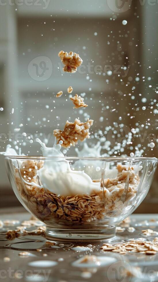 Front view of transparent glass bowl with oatmeal, milk, flakes, drops, splashes, photorealistic photo