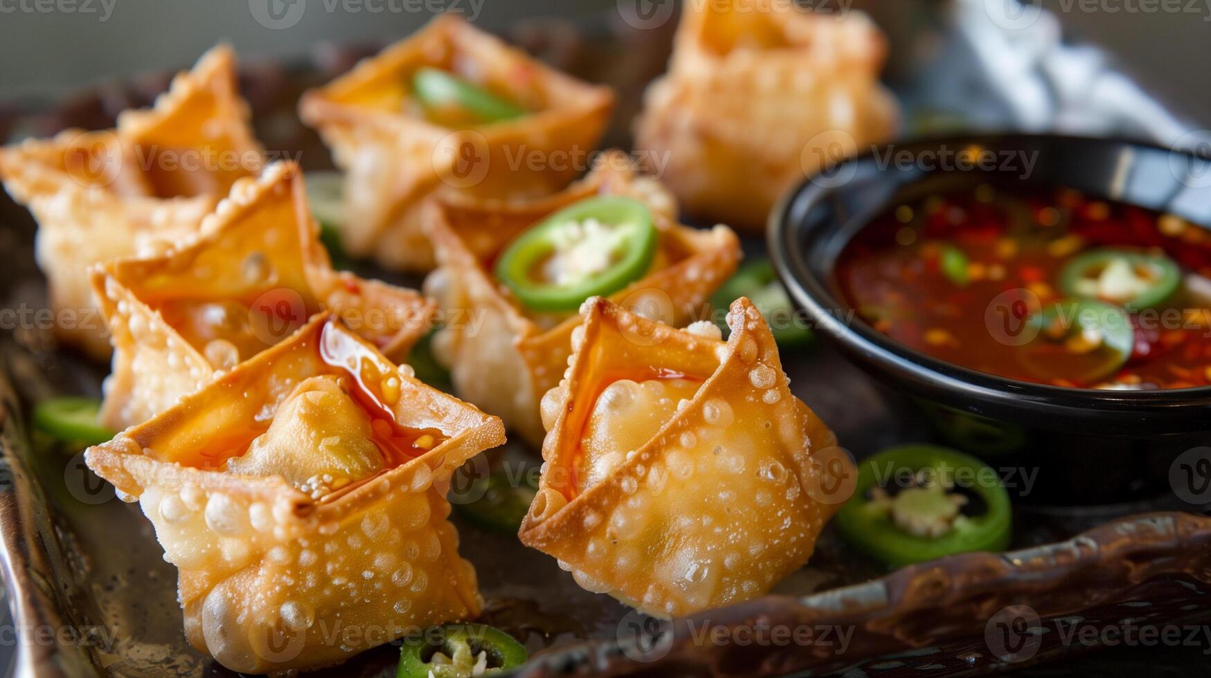 Fusion appetizer platter with crispy wontons stuffed with goat cheese and jalapenos served with sweet chili sauce, picture photo