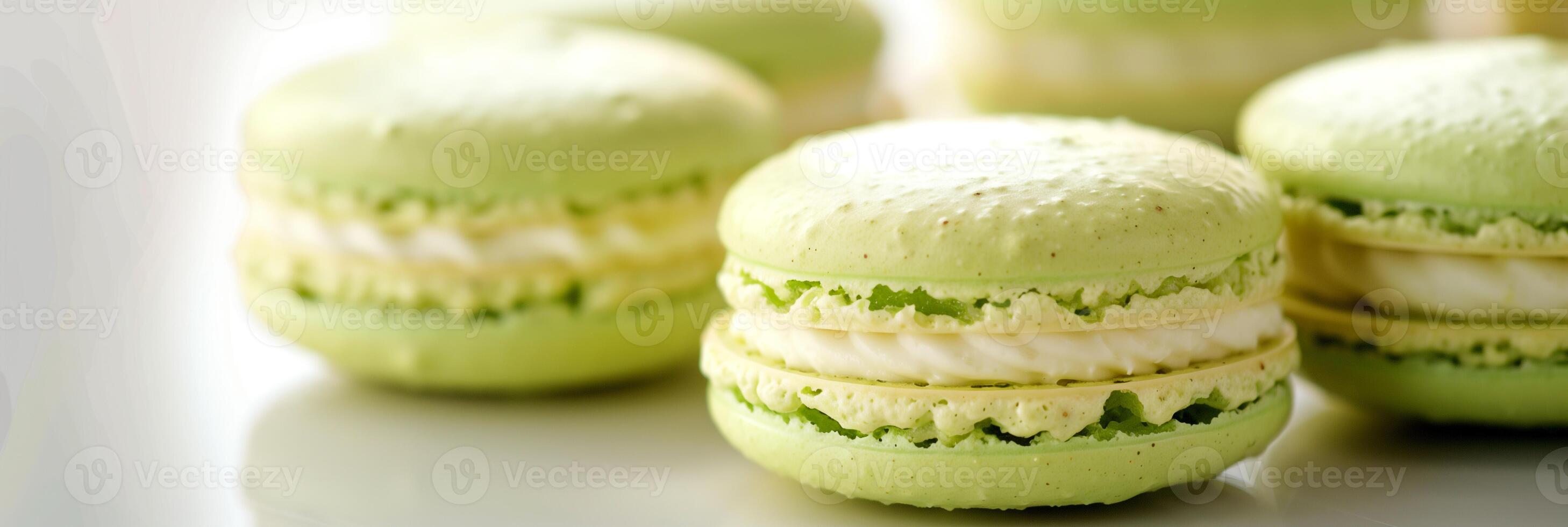 Fusion dessert, Pandan-flavored macarons with coconut cream filling, photorealistic photo