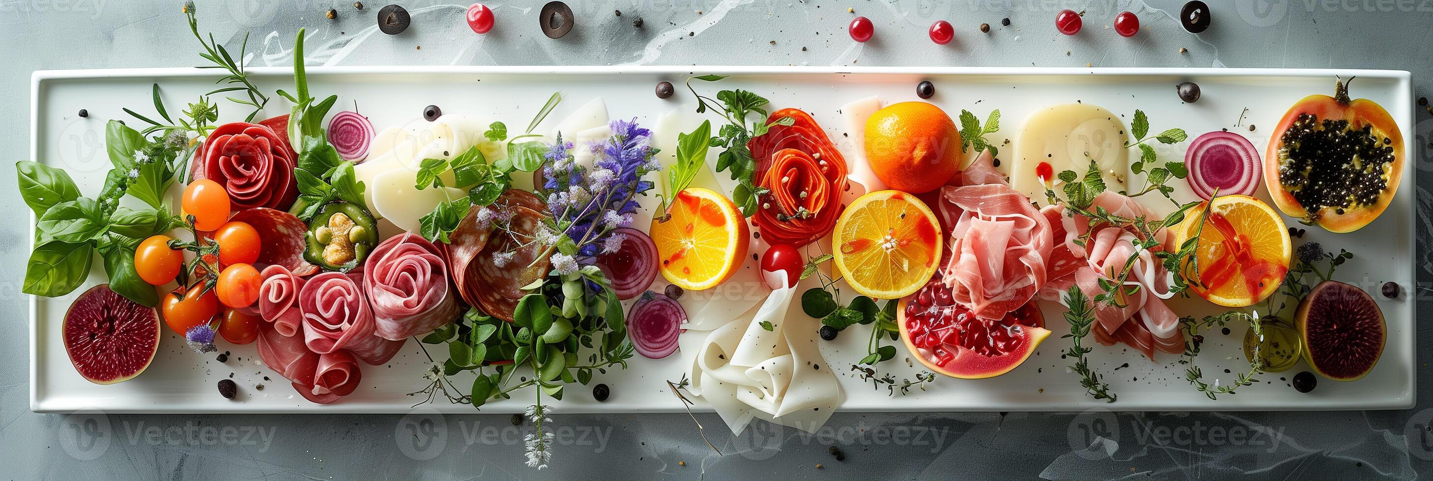 Ingredients of a gourmet assortment, charcuterie, cheeses, vegetables, fruits, floating above a stylish tray, neutral background, sharp outlines, photorealistic photo