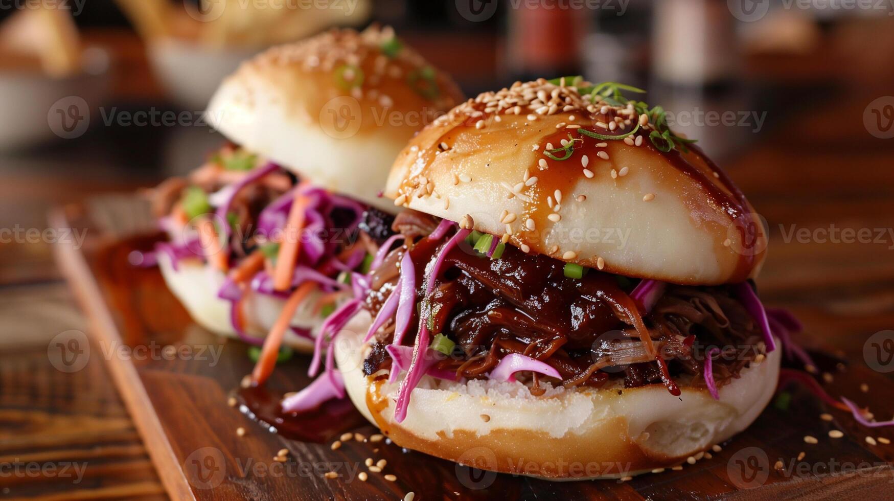 Bao bun slider with barbecue pulled pork Asian slaw and fried shallots, photo