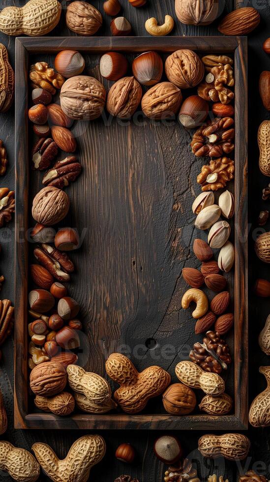 Medley of nuts on a gray background, photorealistic photo