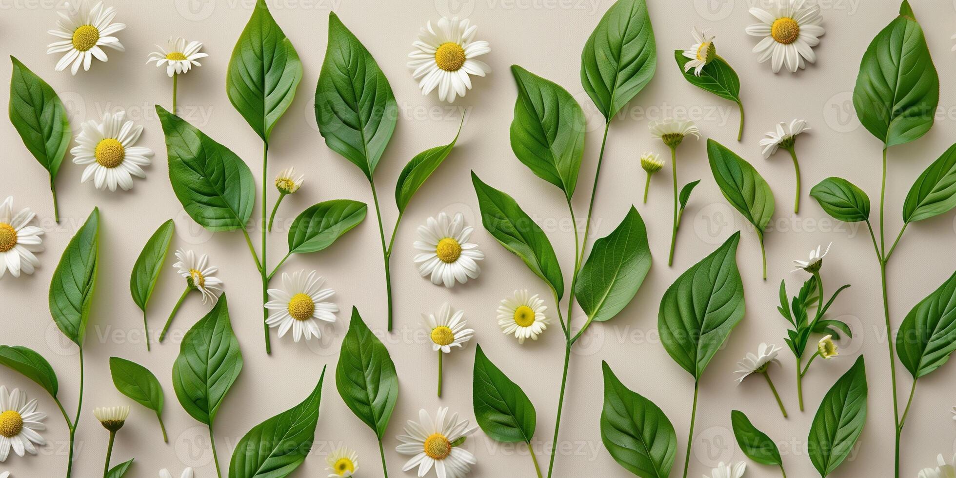 Green leaves and small white flowers of the chamomile plant are arranged neatly against a plain background, photorealistic photo