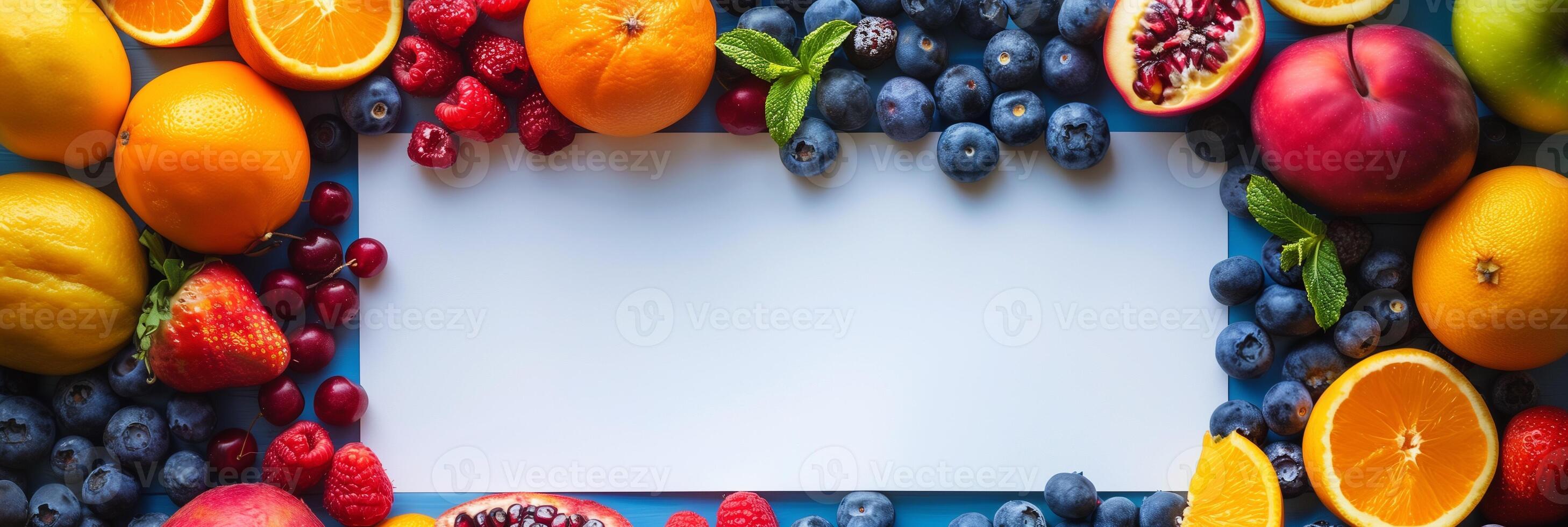 Healthy fruits with blank white paper sheet for greeting text, vibrant color background, photography photo