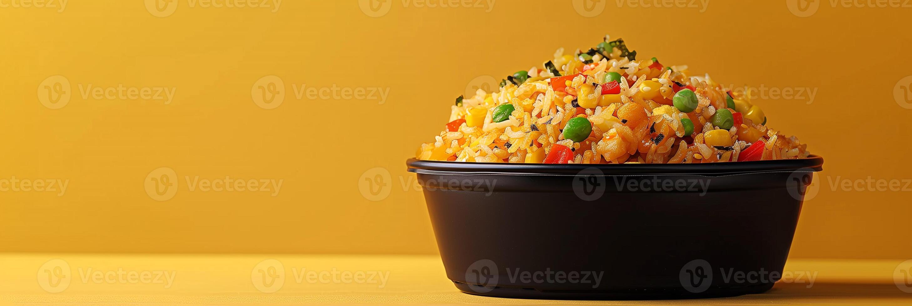 3D icon of fried rice in a black delivery box, cute, floating in the air, picture photo