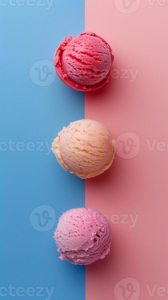 Ice cream scoops on different color backgrounds, top view, photography photo