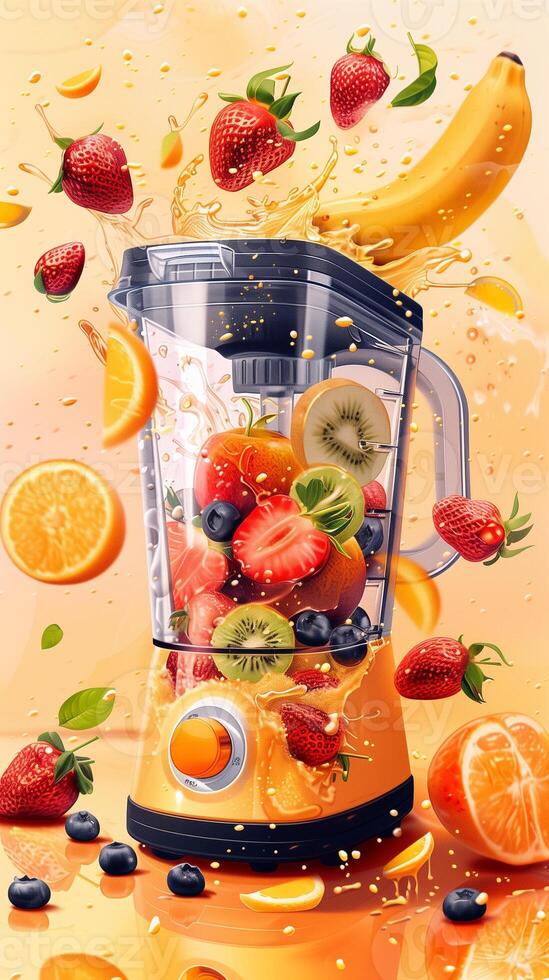 Blender with various fruits inside, liquid coming out and filling the scene with a big splash and scattered fruits, photo