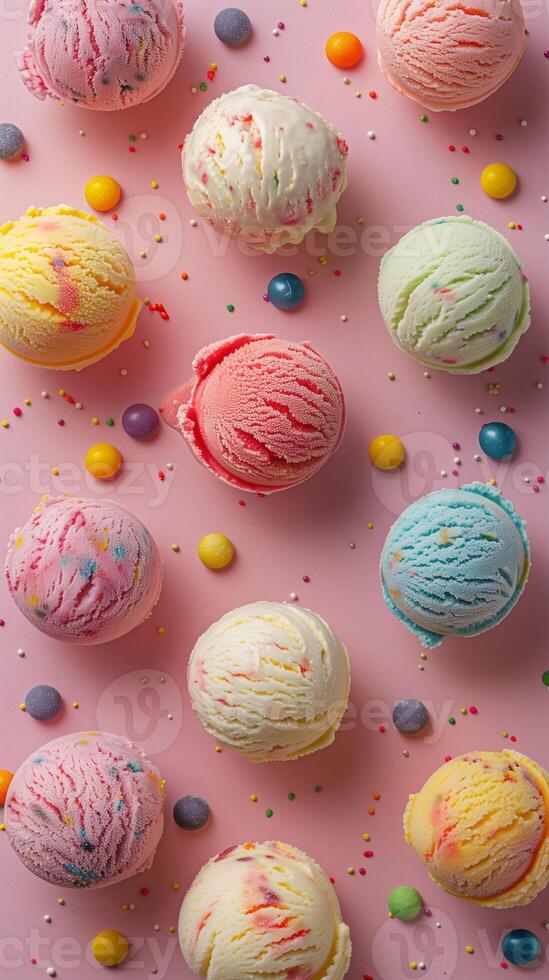 Ice cream scoops on different color backgrounds, top view, photo