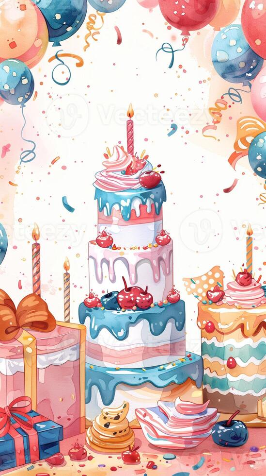 Pastel-colored frame with space for text, made from birthday cakes, candles, and gift boxes in watercolor style, photography photo
