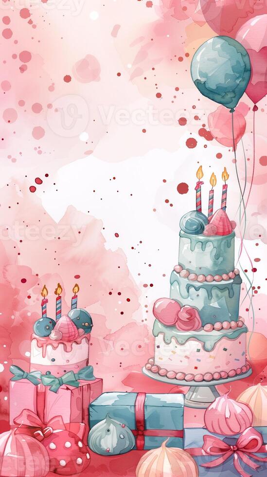 Pastel-colored frame with space for text, made from birthday cakes, candles, and gift boxes in watercolor style, picture photo
