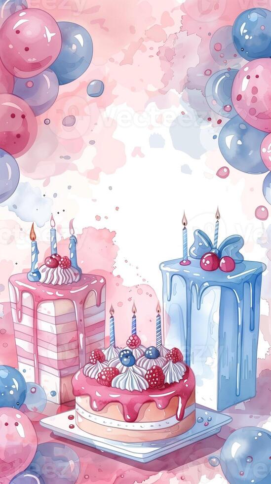 Pastel-colored frame with space for text, made from birthday cakes, candles, and gift boxes in watercolor style, photo