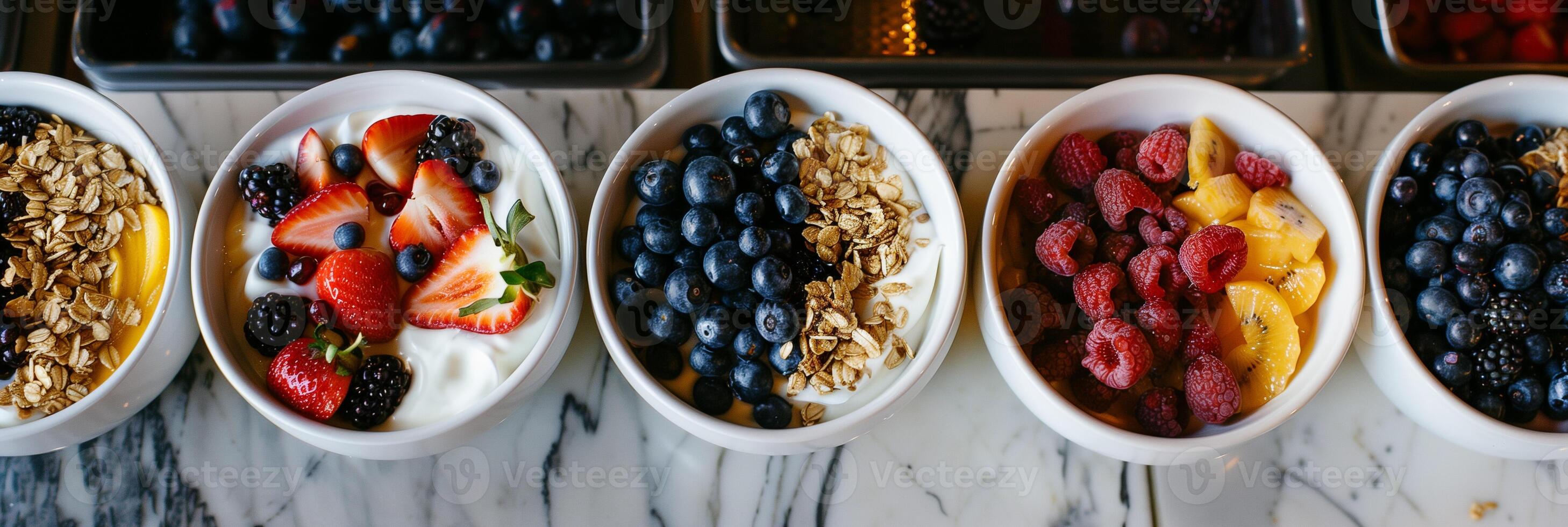 Interactive build-your-own parfait bar with local honey, granola, and fresh fruit toppings, photo