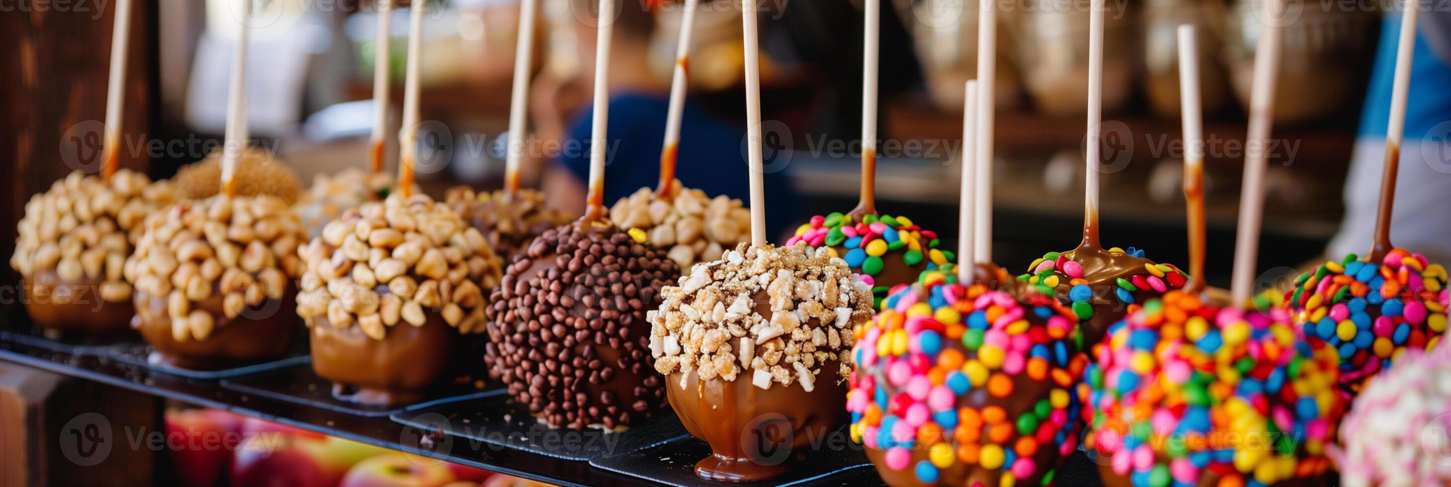 Interactive DIY caramel apple dipping station with assorted toppings like crushed nuts and rainbow sprinkles, photorealistic photo