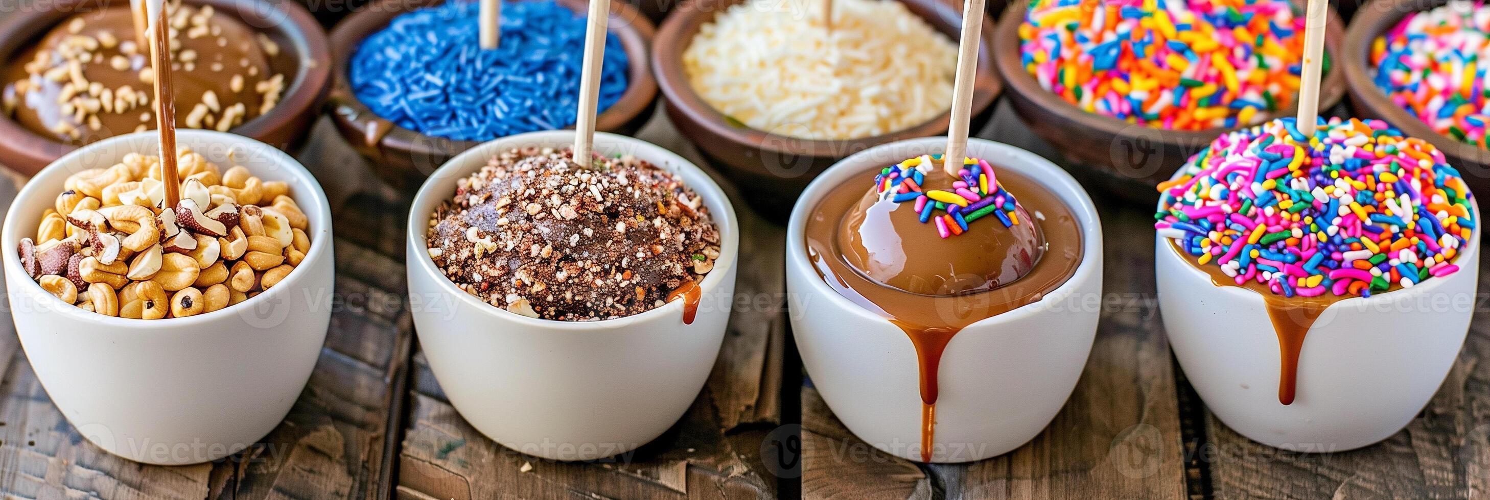 Interactive DIY caramel apple dipping station with assorted toppings like crushed nuts and rainbow sprinkles, picture photo