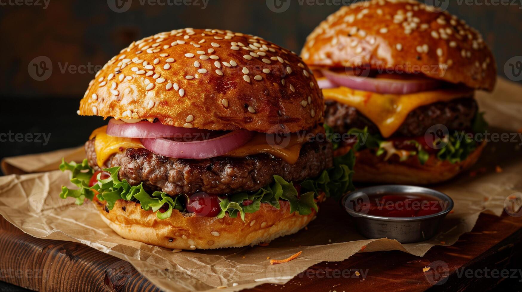 Juicy beef burgers with melted cheddar toasted sesame seed buns classic fixings, picture photo