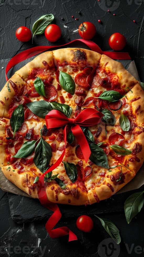 Juicy pizza in a gift red ribbon on black stone table, black background, photorealistic photo