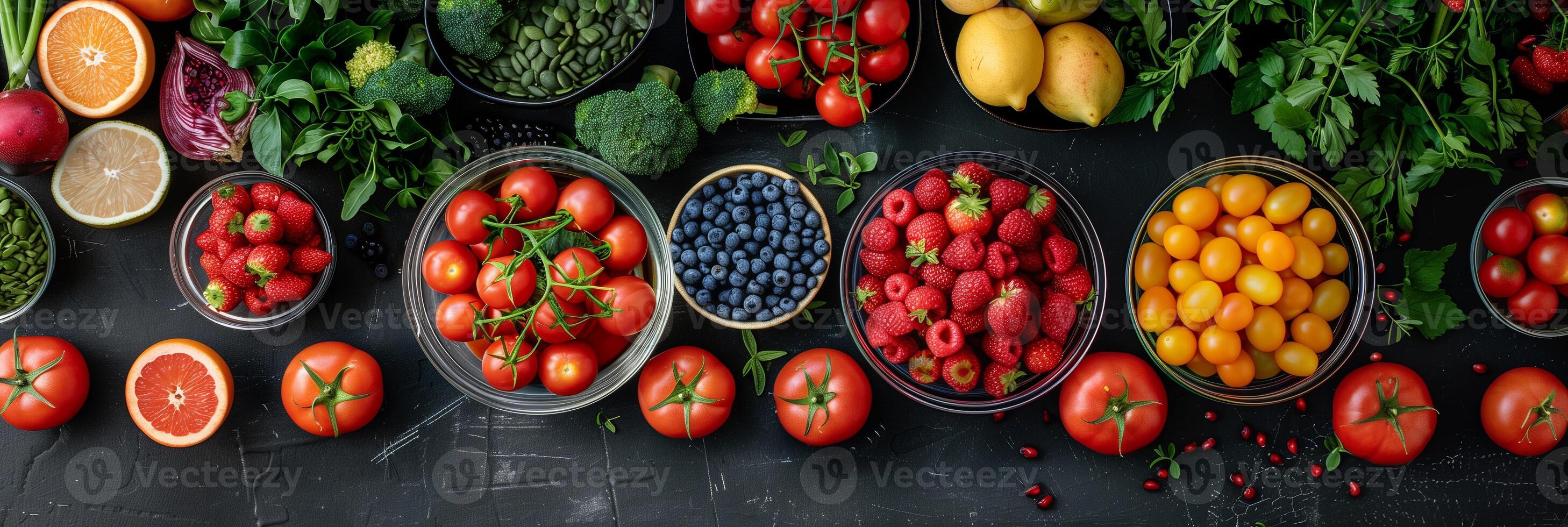 Knolling of fresh vegetables and fruits on a table, photorealistic photo