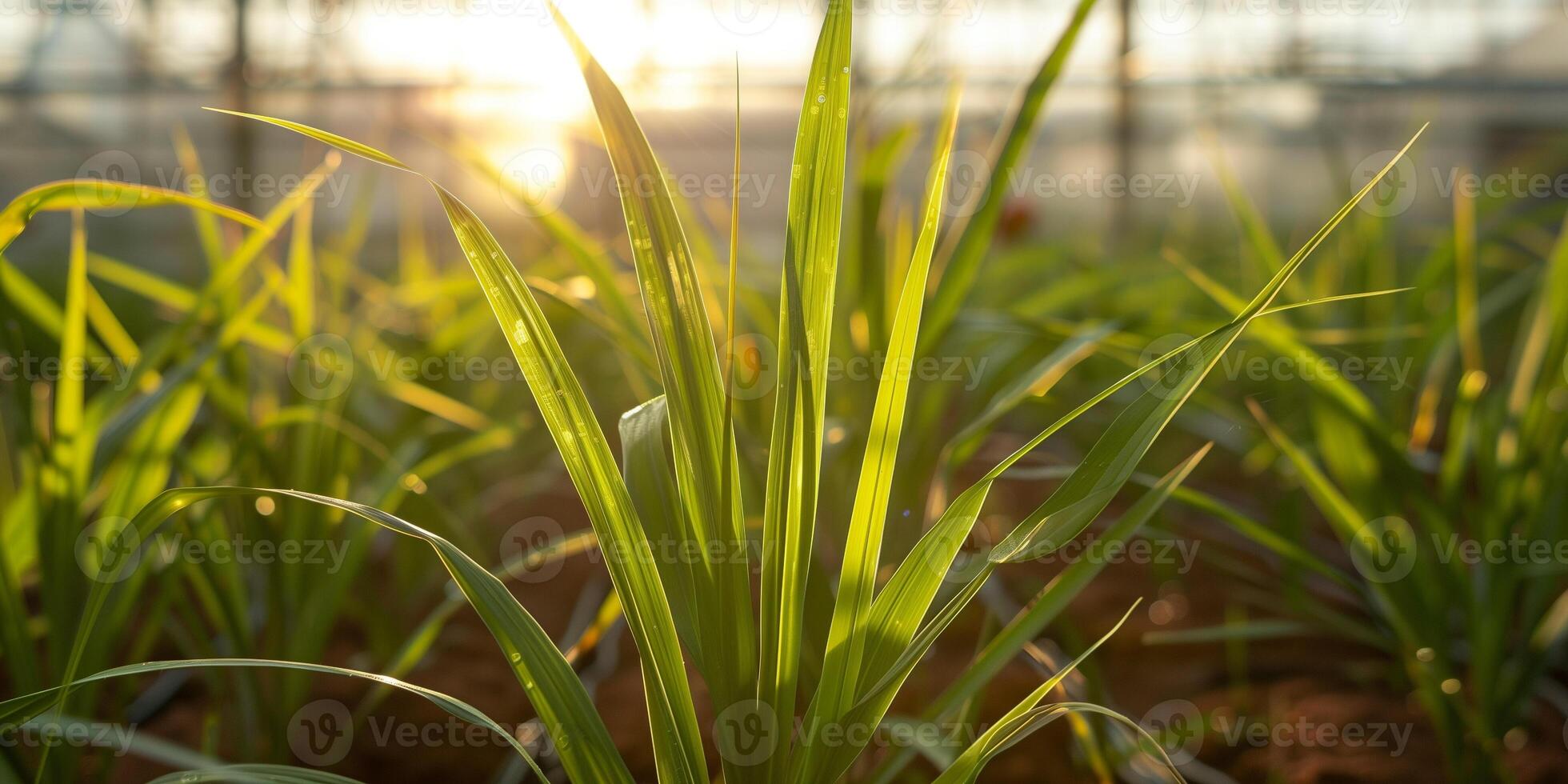 Lemongrass stalks standing tall in a sunlit greenhouse, photorealistic photo