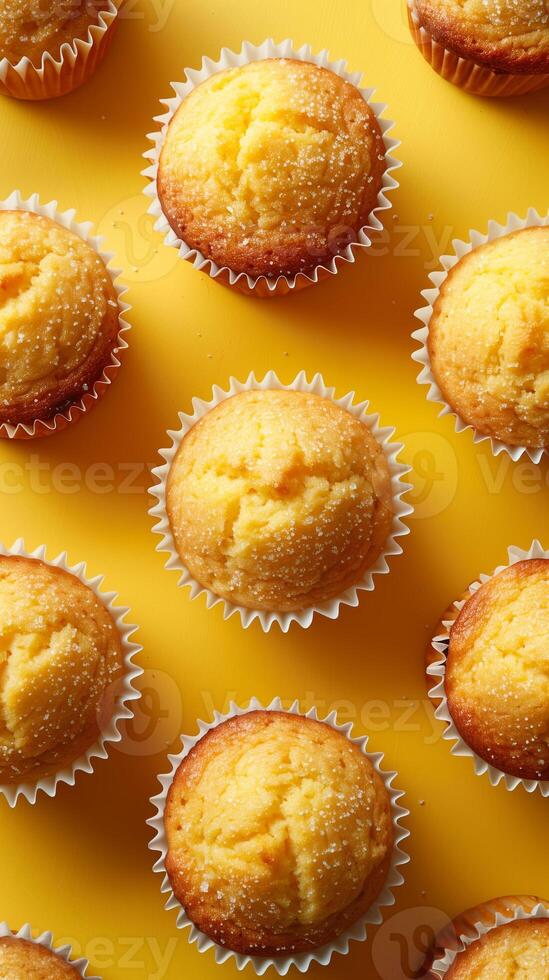 Vanilla muffins on a yellow background with empty copy space, photography photo