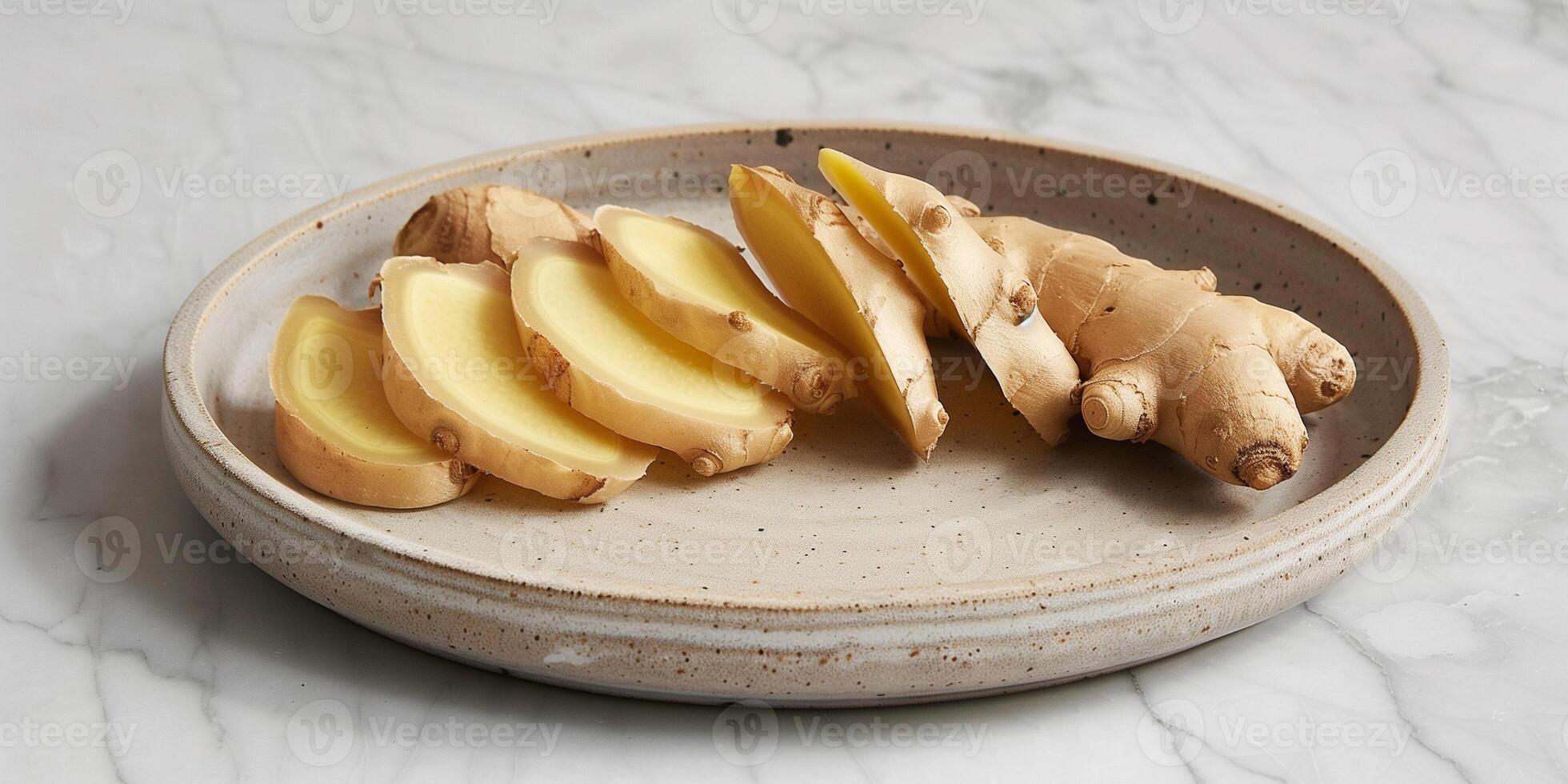 Neatly cut slices of fresh ginger root on a plain ceramic dish, photography photo
