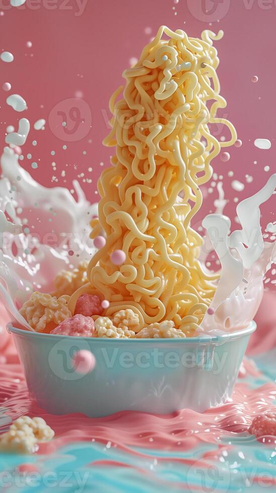 Noodles in pastel colors, made from plastic clay material, rendered in 3D, ultra detail, clean background, studio lighting, picture photo
