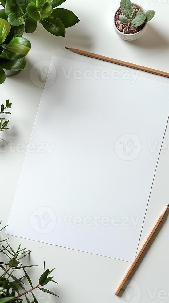 Empty white DIN A4 sheet lying alone on a white desk, photorealistic photo