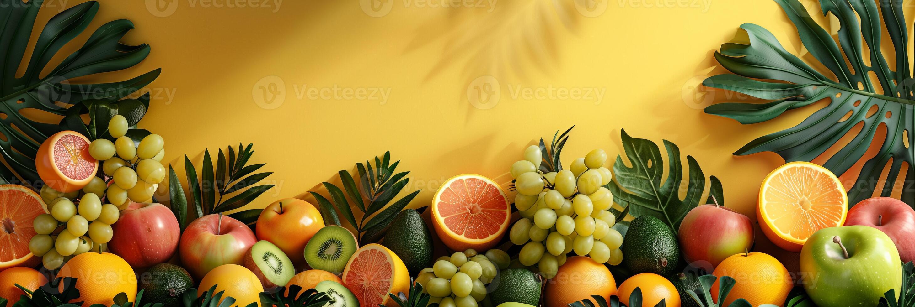 Podium beauty display stage with summer fashion luxury plants, mixed fruits background, empty space for text, photography photo