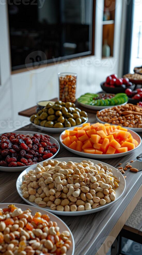 Overhead view of large round table with melon seeds, peanuts, jujubes, raisins, and snacks, near a TV on white wall, photorealistic photo