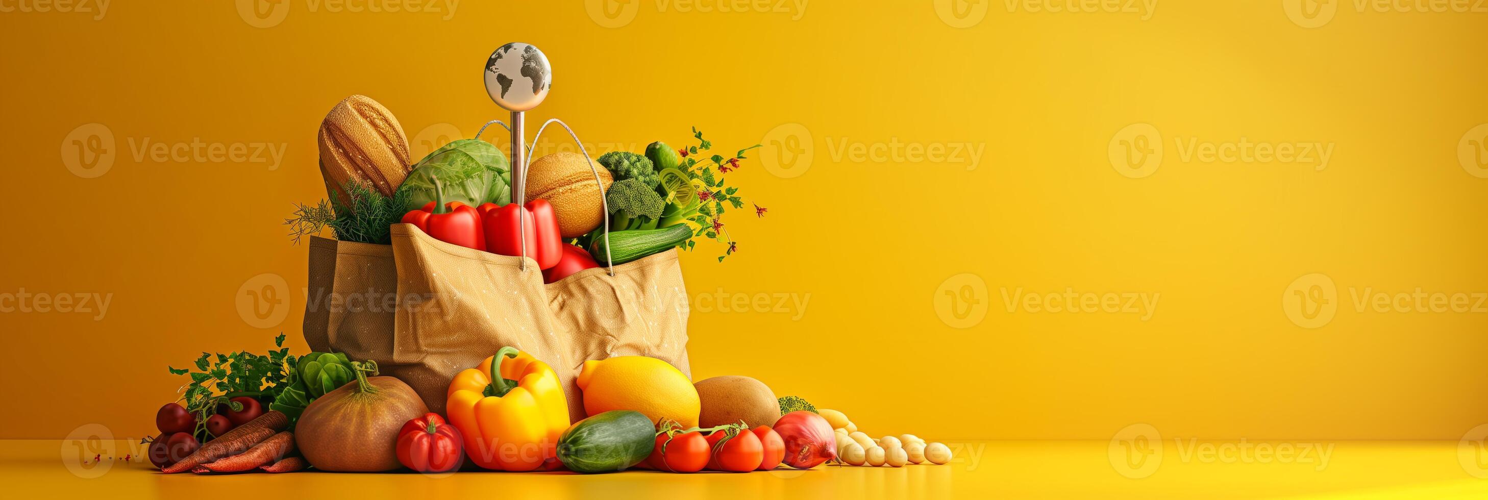 Paper shopping bag full of groceries with a large 3D pin and map above the bag on a bright yellow background, photography photo