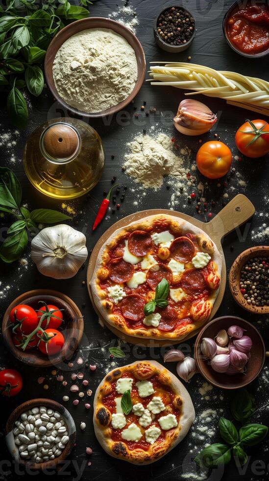 Panoramic top view of table with pizza making ingredients and flour, photography photo