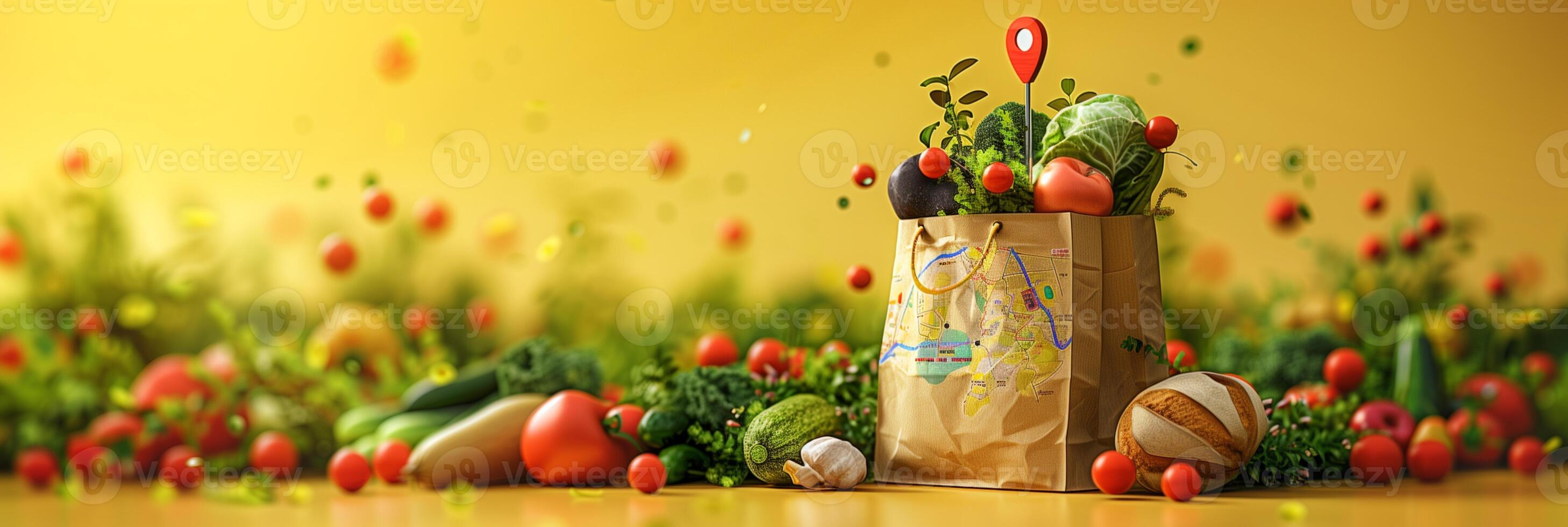 Paper shopping bag full of groceries with a large 3D pin and map above the bag on a bright yellow background, photorealistic photo