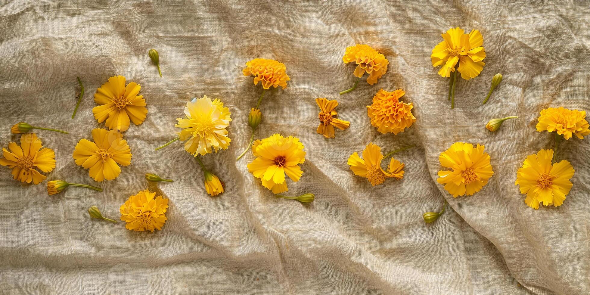 Petite yellow marigold blossoms on a textured linen napkin, picture photo