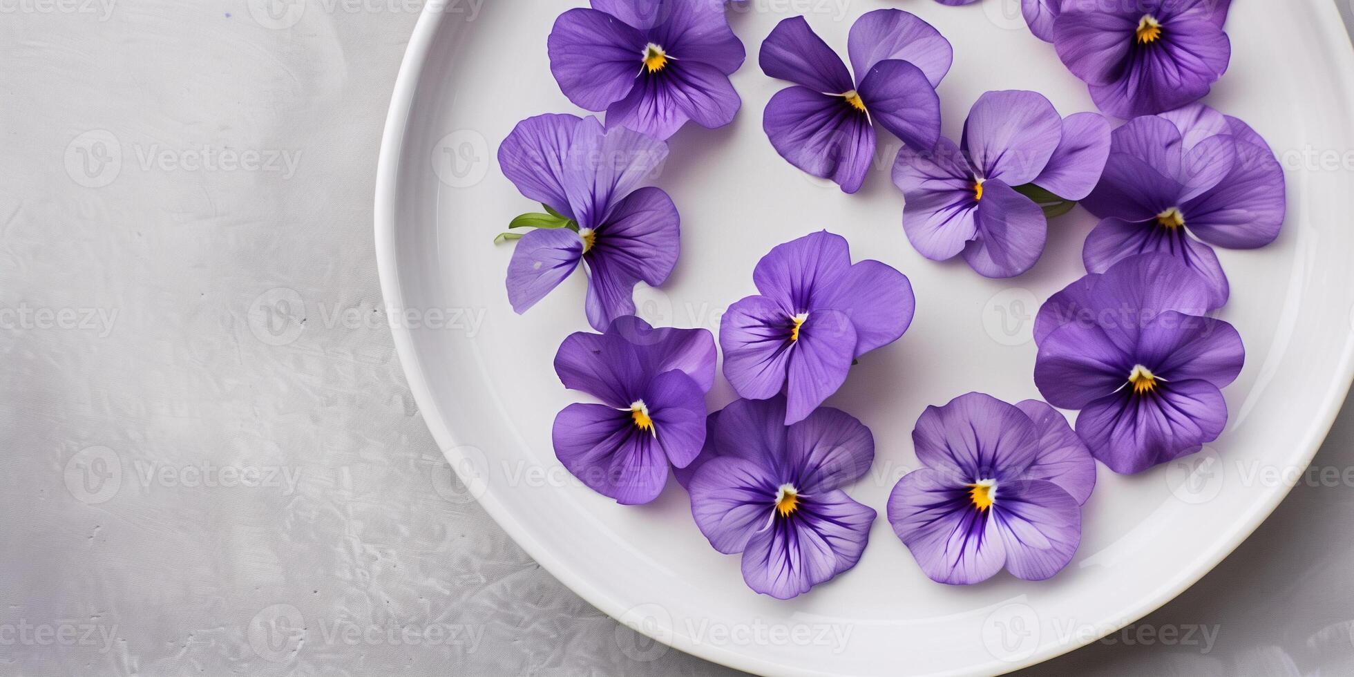 Petals of violet pansies arranged neatly on a white porcelain plate, photography photo