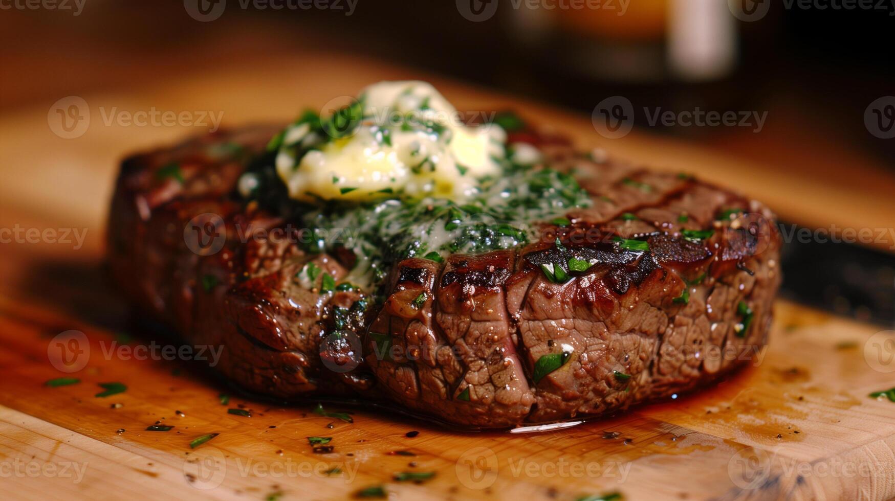 Seared steak on cutting board topped with melting herb butter, photorealistic photo