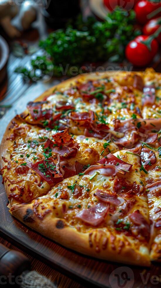 Close-up view of juicy, delicious pizza, photorealistic photo