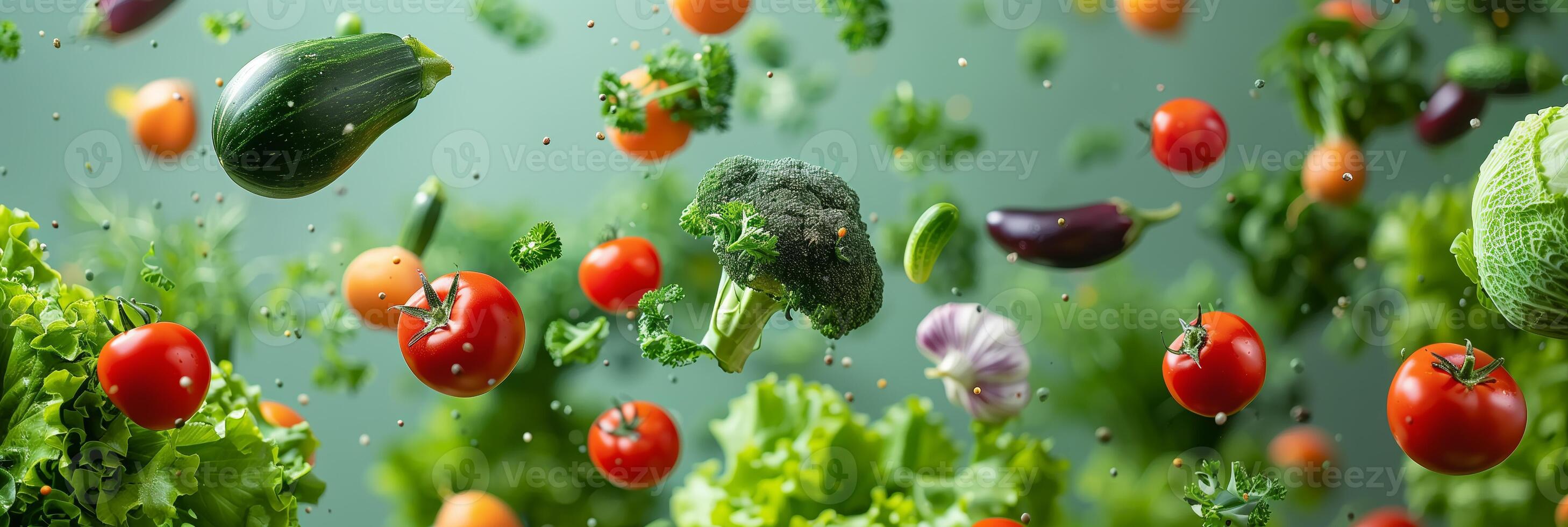Hyper-realistic photo of vegetables flying in air on green background, high quality, monotone green, beautiful, photo