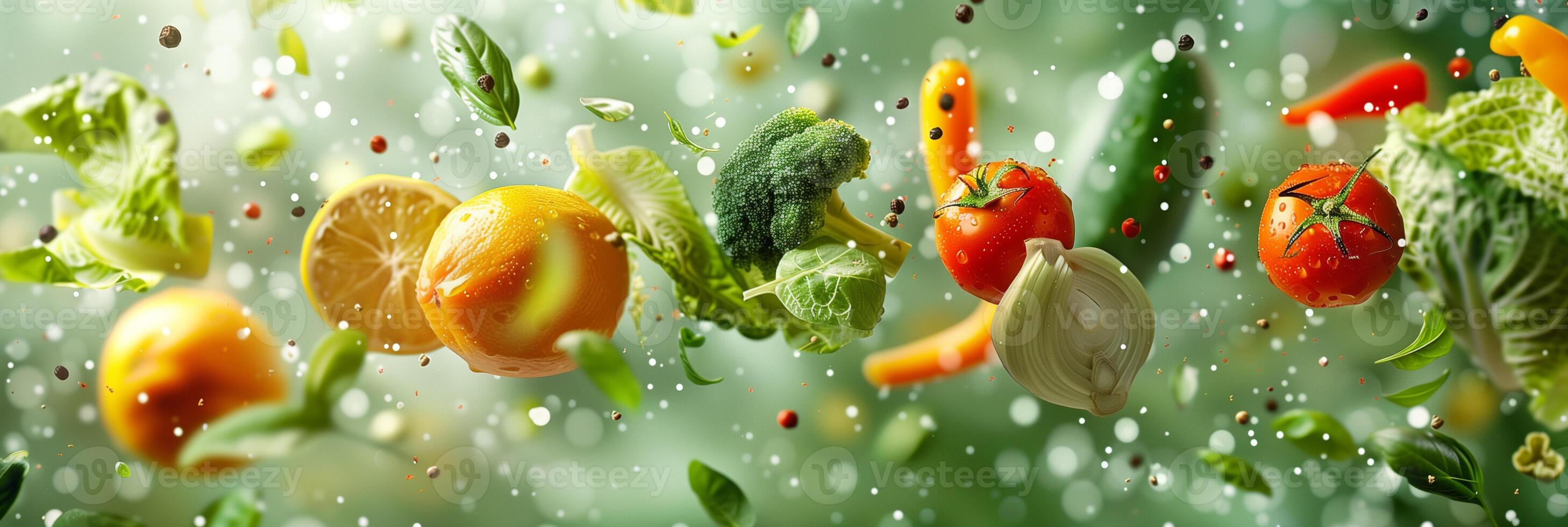 Hyper-realistic photo of vegetables flying in air on green background, high quality, monotone green, beautiful, photography